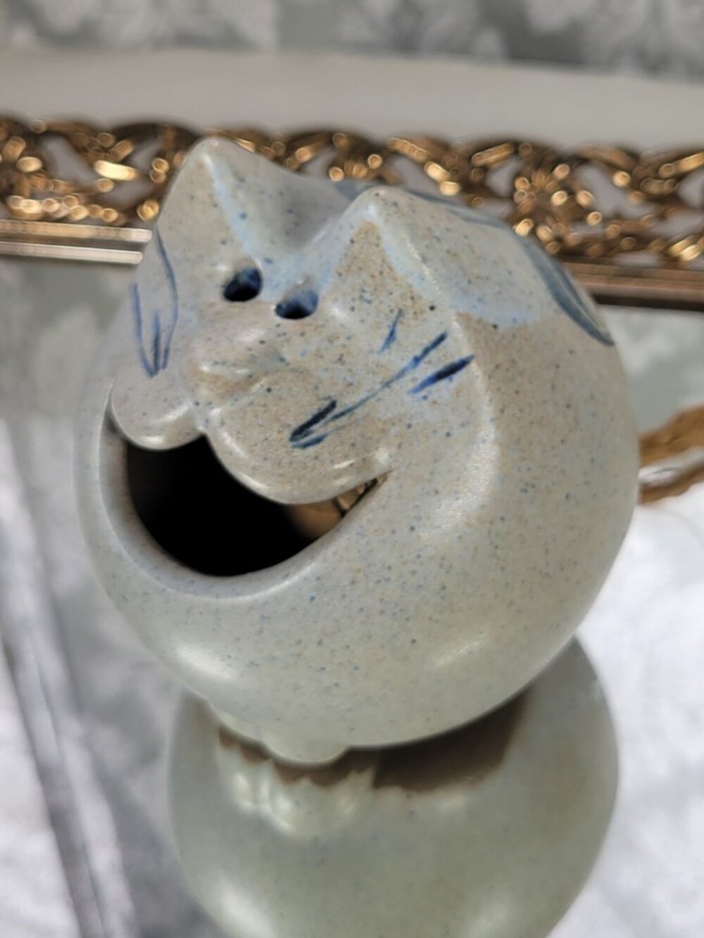 Vintage Stoneware Clay Pottery Cat Sculpture Bank with Blue Floral Design